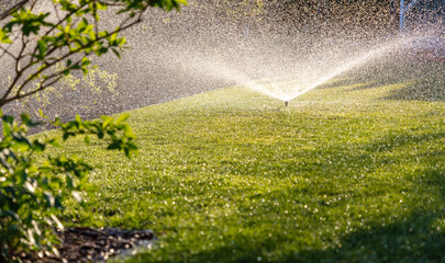 Automatic garden lawn sprinkler in action watering green grass at sunrise