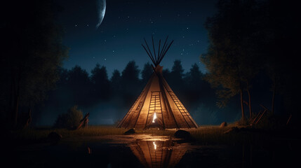 teepee indian tent standing in beautiful night landscape. generative ai.