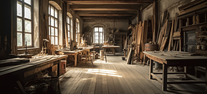 Woodworking workshop. 1800's, candle light era with french European feel. An old shed type wood worker work place with old tools and rustic feel. hand painted style illustration by, Generative AI. 