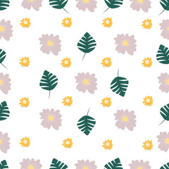 Flower simple minimalistic seamless pattern graphic design for paper, textile print, page fill. Floral background with hand drawn wild flowers, herbs and leaves. Cute design for girls, kids.