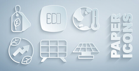 Set Solar energy panel, Earth melting to global warming, Electric saving plug leaf, Leaf Eco symbol and Tag with icon. Vector