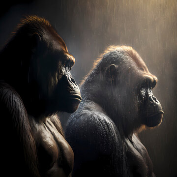 Gorilla (Gorilla) primate genus of the great ape family (Hominidae) , dark hazy background, AI generated
