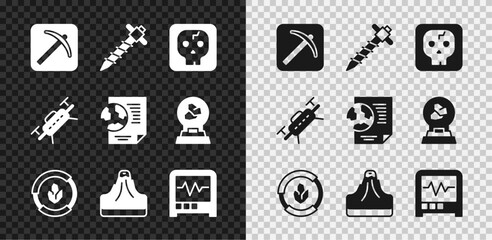 Set Pickaxe, Construction jackhammer, Archeology, Soil analysis, Volcano, Seismograph, Drone and Earth globe with document icon. Vector