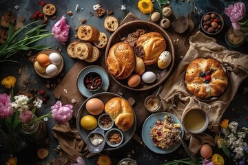 Obraz na płótnie Canvas Easter breakfast flat lay with scrambled eggs bagels, orange tulips, bread toast with fried egg and green asparagus, colored quail eggs and spring holidays decorations. Top view.,Generative AI