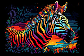 Portrait of a Zebra in the savannah, black vignette, woodcarving style in neon colors