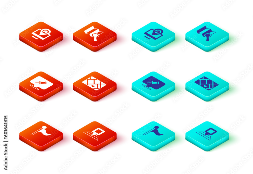 Poster set flag, folded map with location marker, push pin, gps device, search and monitor icon. vector
