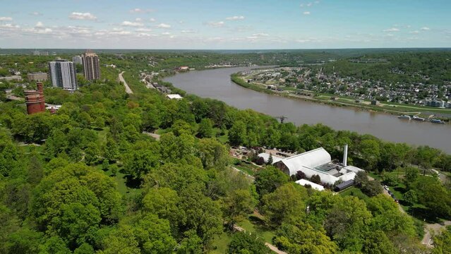 Aerial view of Ohio River and Krohn Observatory and Eden Park Standpipe, Cincinnati