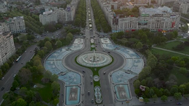 Water Fountain In The Union Square Of Bucharest, Romania. - aerial