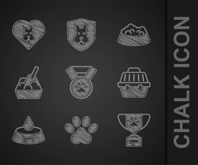 Set Pet award symbol, Paw print, carry case, food bowl for cat or dog, Cat litter tray with shovel, and Heart icon. Vector