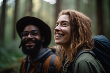 Mixed race couple of hikers walking by forest,. Generative ai