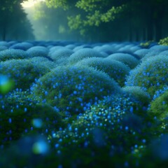 wide field with blue nemophila, a forest of flora and fauna, an opening made out of tiny windows with green ivy vines in the center, realistic, octane render, backlit generated with ai