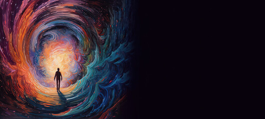 Person in a vortex, tunnel to a new life or heaven. Concept of soul life after death. Starting something new. Spirituality, incarnation and karma. Generative AI.