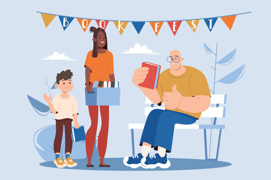 Book festival blue concept with people scene in the flat cartoon style. Mother and son participate in a book festival and show their books to others. Vector illustration.