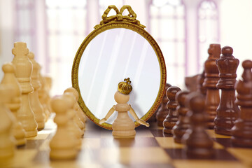 old, bronze crown on anthropomorphic white queen, pawn, oval mirror, figures on chessboard...