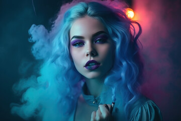 Fashion art portrait of beauty model woman in neon lights with colourful smoke. Smoking girl, portrait female. Night life concept. Generative ai
