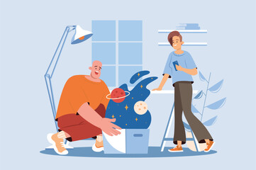Open space blue concept with people scene in the flat cartoon style. Team of scientists explores an open space in the office. Vector illustration.