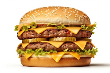 Grilled Hamburger on White Background. Isolated Beef Burger Meal Fast Food. Generative AI illustrations.