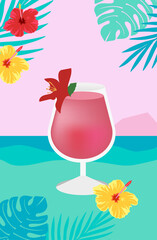 
Summer time fun concept design with cocktails. Summer landscape, panorama of sea and beach. Summer sale, post template.