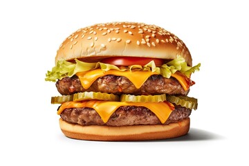 Grilled Hamburger on White Background. Isolated Beef Burger Meal Fast Food. Generative AI illustrations.