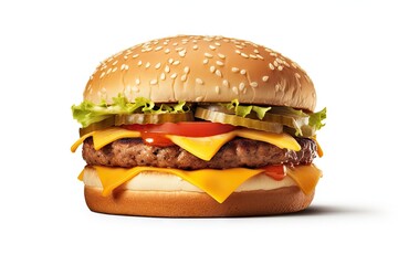 Grilled Hamburger on White Background. Isolated Beef Burger Meal Fast Food. Generative AI illustrations.