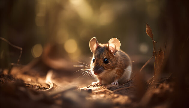 Wild Wood mouse on the forest floor with lush vegetation. Generative AI illustration