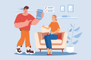 Mobile organizer blue concept with people scene in the flat cartoon style. Boy shows his grandmother how to use a mobile organizer. Vector illustration.