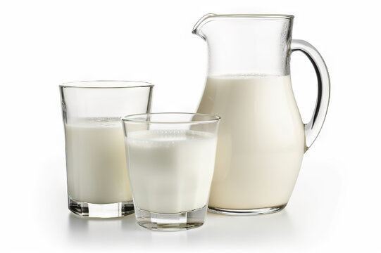 Natural Whole Milk: Milk Jugs and Glasses Isolated on White Background. created with Generative AI