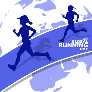 Two People Running On Track With Earth Icon And Bold Text On White Background To Commemorate Global Running Day On June