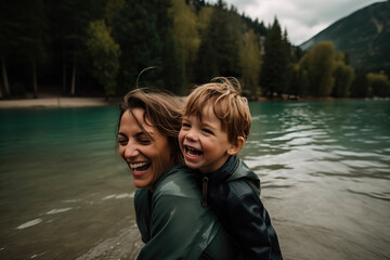 Fototapeta na wymiar Outdoor portrait of happy young mother with adorable preschooler son, enjoying nice day next to lake. Generative AI