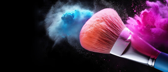 Colorful makeup cloud created by pink and blue powder brushes on white background.. created with Generative AI