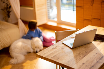 Cozy workspace with laptop in sunny room with woman resting after the work with her dog on background at sunny room at home