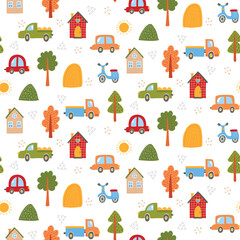 Cute cars trees houses childish colorful flat cartoon seamless vector pattern. 