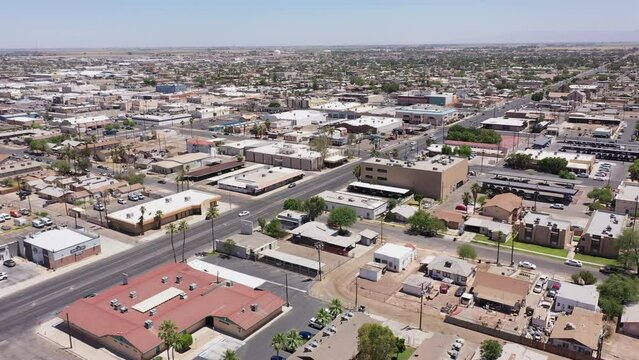 El Centro, California, USA - May 27, 2022: Afternoon sunlight shines on the urban downtown core of El Centro.