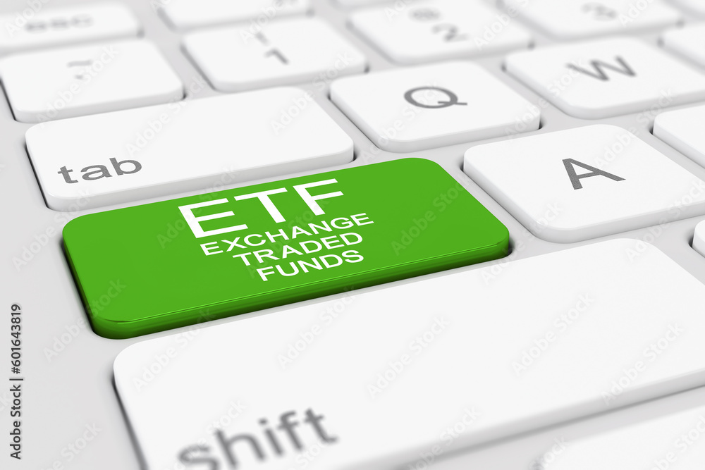 Poster 3d rendering of a keyboard with green etf key.