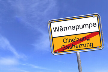 3d Illustation - Ortsschild - Ortstafel - Gasheizung - Ölheizung - Wärmepumpe - Himmel - Wolken