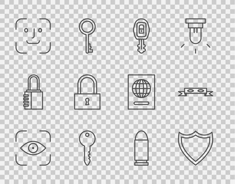 Set line Eye scan, Shield, Car key with remote, Key, Face recognition, Lock, Bullet and Thief eye mask icon. Vector