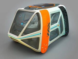 Transport of the future. Car flying above the ground, against a foggy horizon, the concept of a flying car Possible. Individual design. Designed for multiple passengers. 3D illustration.