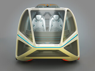 Transport of the future. Car flying above the ground, against a foggy horizon, the concept of a flying car Possible. Individual design. Designed for multiple passengers. 3D illustration.