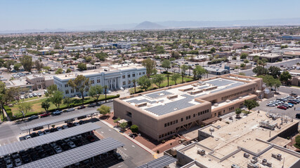 El Centro, California, USA - May 27, 2022: Afternoon sunlight shines on the urban downtown core of...