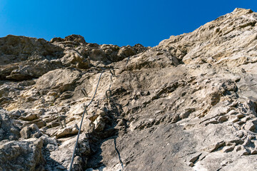 Climbing on the Ostrachtaler via ferrata at the Oberjochpass near Bad Hindelang