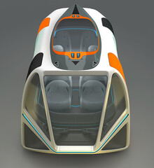 Transport of the future. Car flying above the ground, against a foggy horizon, the concept of a flying car Possible. Individual design. Designed for multiple passengers. 3D illustration.