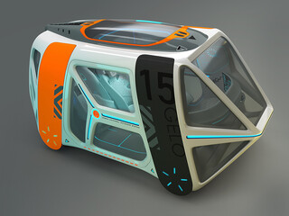 Transport of the future. Car flying above the ground, against a foggy horizon, the concept of a flying car Possible. Individual design. Designed for multiple passengers. 3D illustration.