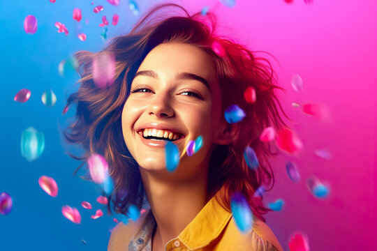 Joyful Girl Holiday Colorful Portrait: Young Model Emotion Expressed through Smile, Generative AI