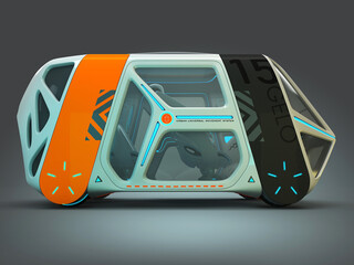 Transport of the future. Car flying above the ground, against a foggy horizon, the concept of a flying car Possible. Individual design. Designed for multiple passengers. 3D illustration.