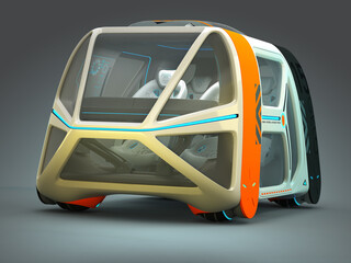 Transport of the future. Car flying above the ground, against a foggy horizon, the concept of a flying car Possible. Individual design. Designed for multiple passengers. 3D illustration.