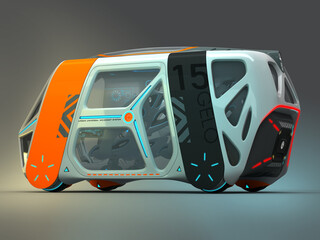 Transport of the future. Car flying above the ground, against a foggy horizon, the concept of a flying car Possible. Individual design. Designed for multiple passengers. 3D illustration.