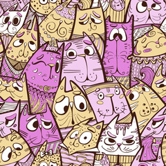 Vector Doodle Pattern with Playful Cats