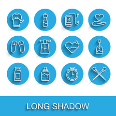 Set line Bottle with milk, Spa salt, Kettle handle, Stopwatch, Knitting needles, Perfume, Tea bag and Heart heal icon. Vector