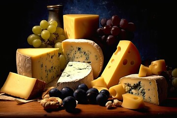 Various Types of Cheese Against Background. Generative AI