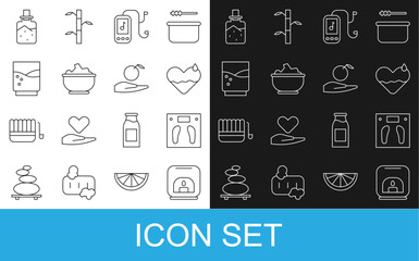 Fototapeta premium Set line Aroma lamp, Bathroom scales, Heart heal, Music player, Sea salt in bowl, Glass with water, Spa and Apple hand icon. Vector